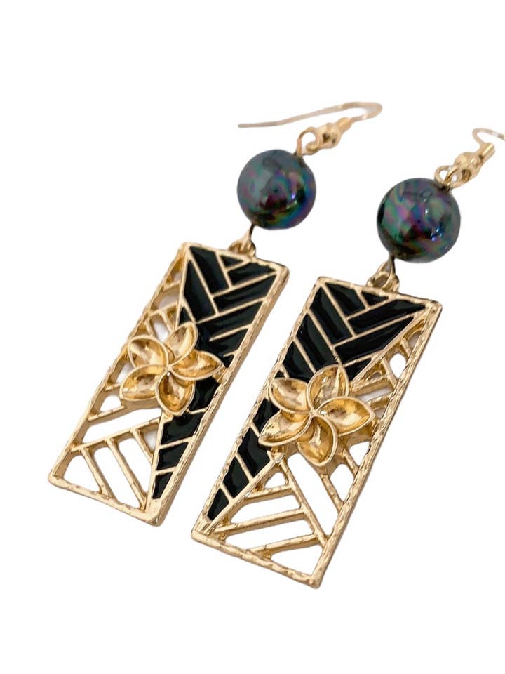 Tribal Hawaiian Plumeria flower: Hamilton Gold Earring with new rainbow Shell Pearls for wholesale by Anela's Jewelry