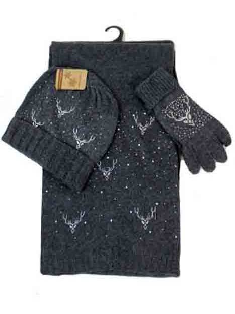 Reindeer Embroidery and Rhinestone 3 Piece Set for wholesale by Cap Zone