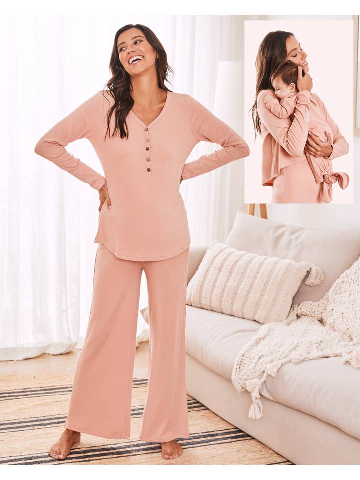 3-Piece Isabelle Maternity Loungewear / Sleepwear Set - Dusty Pink for wholesale on Faire2