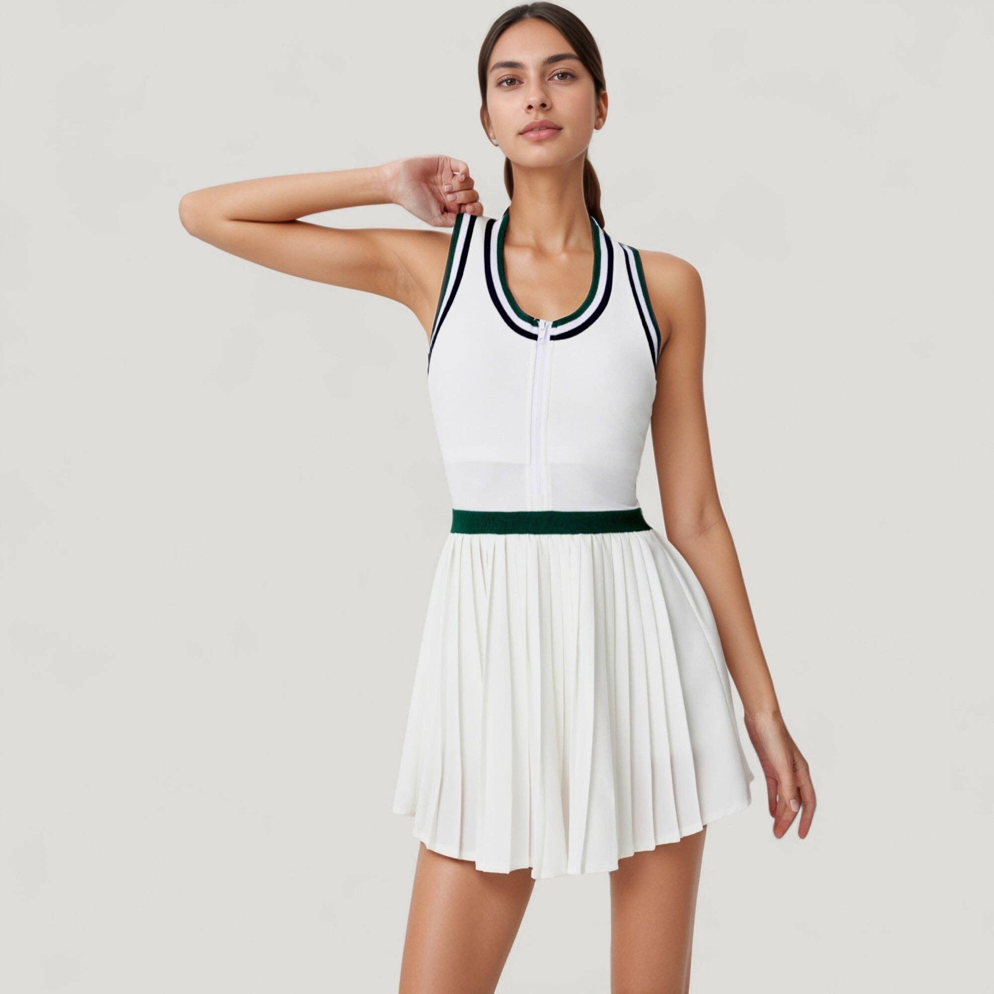 Green Sleeveless Tennis Dress with Zip Front Contrast Trim Necklin for wholesale on Faire3