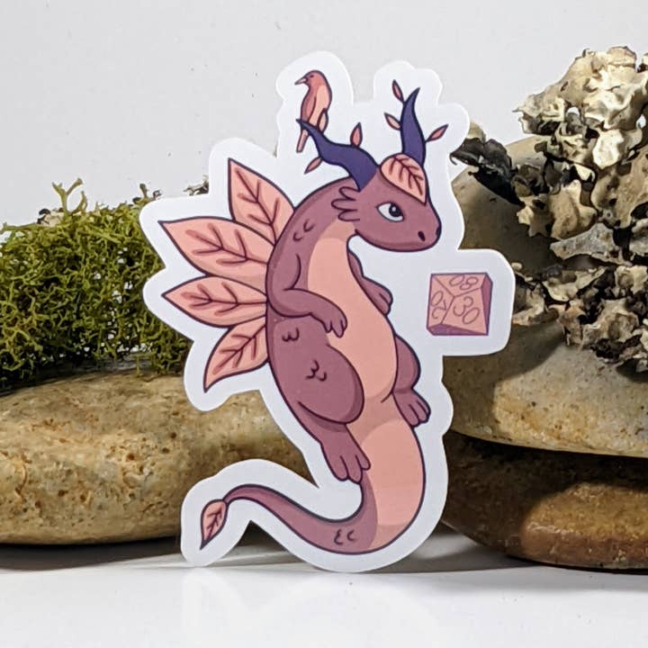 Fall Dragon With Polyhedral Dice Sticker - 2.5" for wholesale by Mimic Gaming Co