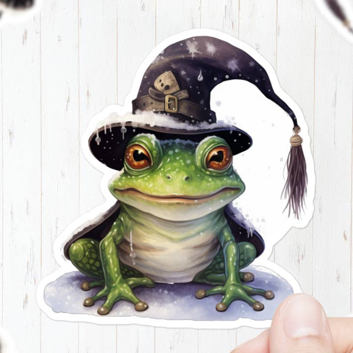 Frog in Snowy Witch Hat Sticker for wholesale by Mystical Clarity