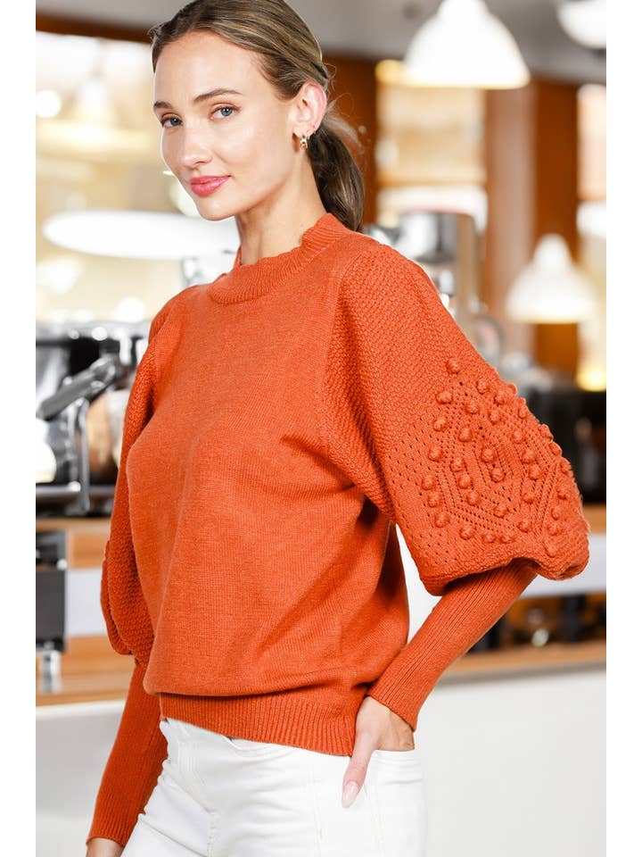 Vine & Love - Wholesale Knit Sweater - Women's - Round Neck Pom Pom Balloon Long-Sleeve Knit Sweater VT70344