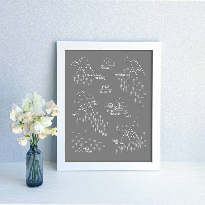 Perfectly PNW Art Print / White on Gray for wholesale by Three in Kind