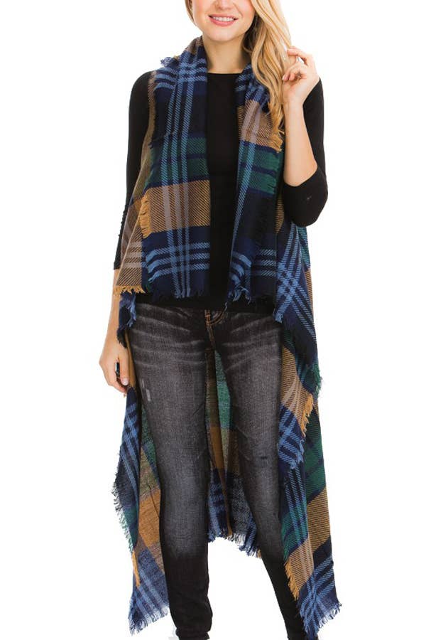 Cap Zone - Vente Veste sans manches – femme - Gilet cardigan long à carreaux et effilochés Madras3