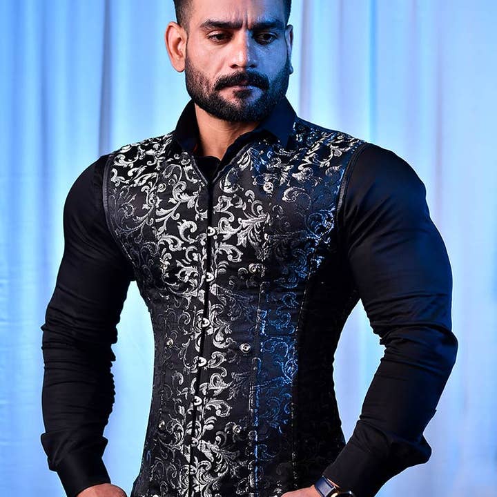 Black & Silver Corset Vest for Men – Brocade Fitness Outfit for wholesale by Miss Leather