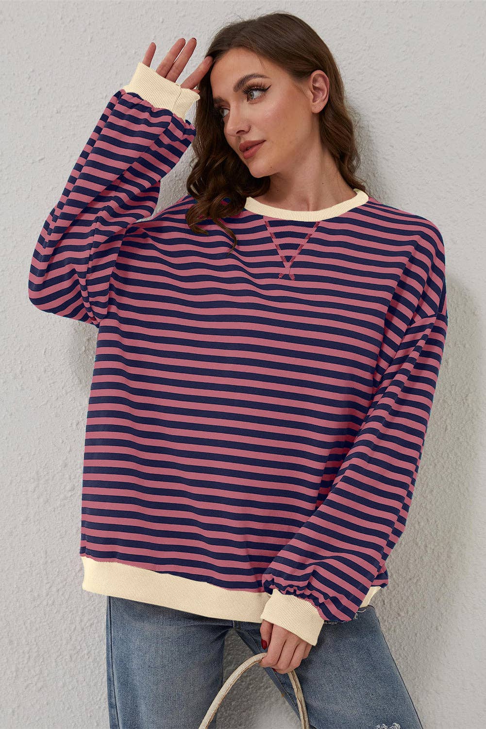Amaryllis Apparel - Wholesale Sweatshirt - Women's - Stripe Oversized Contrast Trim Pullover Sweatshirt24
