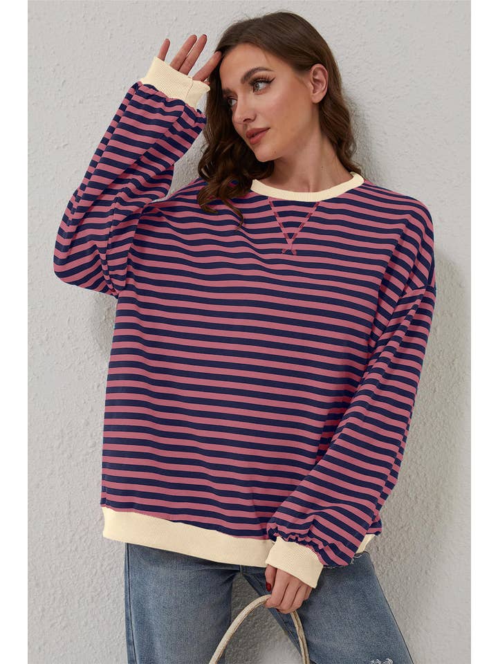 Amaryllis Apparel - Wholesale Sweatshirt - Women's - Stripe Oversized Contrast Trim Pullover Sweatshirt24