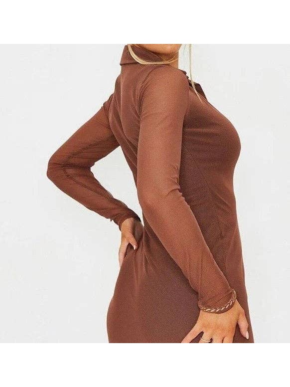 Brown Women's Ladies Chocolate Mesh Button Down Shirt Dress / Top for wholesale on Faire