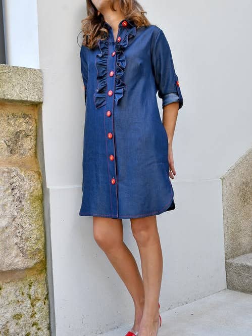 Rosa Denim Shirt Dress with Ruffles for wholesale on Faire