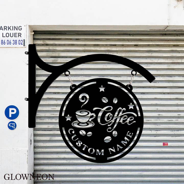 Anpassad hängande metallskylt för café utomhus för wholesale av Glow Neon