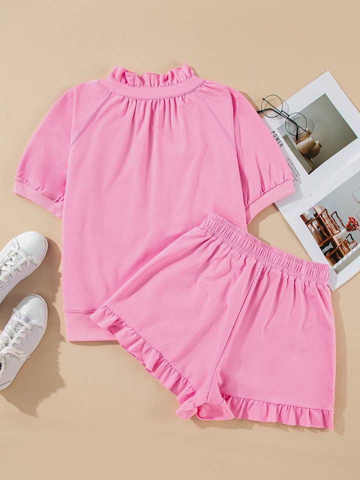 Pink Half Zip Puff Sleeve Top and Ruffled Shorts Set for wholesale on Faire