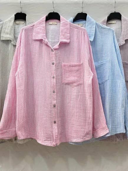 Mimi & Gogo - Wholesale Button Down Shirt - Women's - Striped Cotton Gauze Shirt Pocket @3230_ChRPoche