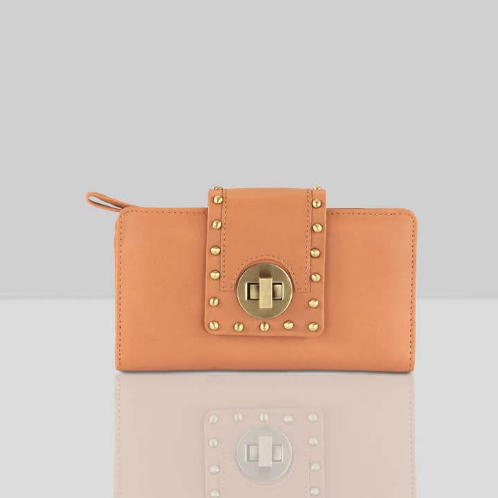 'KENSINGTON' Tan Twist Lock Leather Clutch Bag for wholesale by Assots London