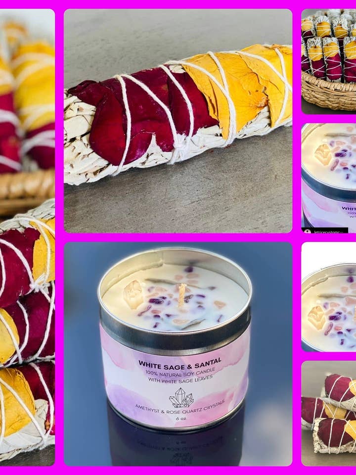 White Sage Stick bundled with White Sage leaves infused Candle w/ Amethyst, Rose & Clear Quartz, for wholesale by Letrice Custom Creations LLC