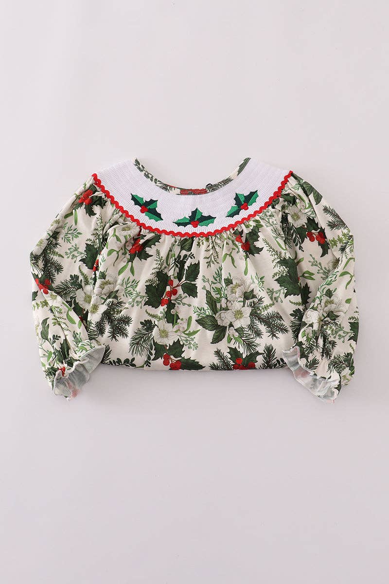 Aspen Rain Boutique - Wholesale Top & Pant Set - Kids - Green holly floral smocked ruffle pants set5