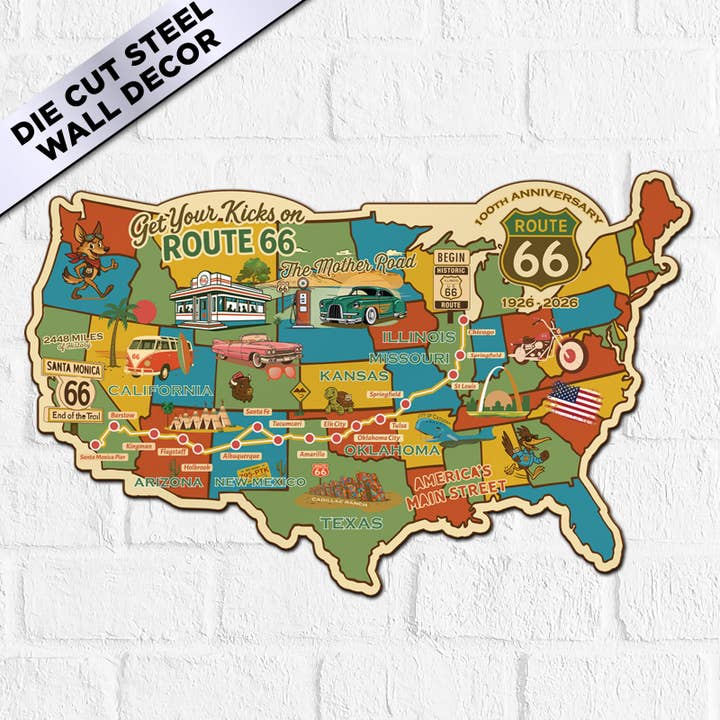 Legends of Route 66 USA Destination Map with Mascots-Sunbeltgifts® 100th Anniversary Edition for wholesale by Sunbeltgifts | Licensed Home Wall Decor