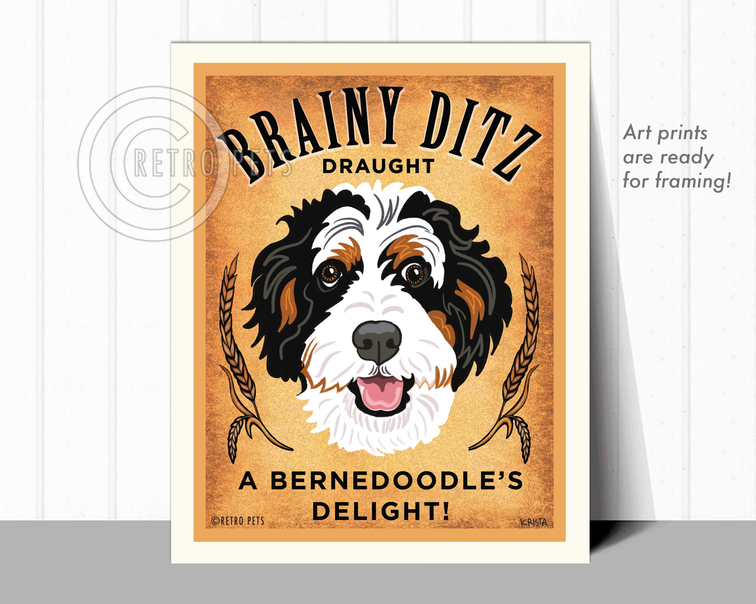 Retro Pets – wholesale Art print – B-131  8x10 Art Print, Bernedoodle "Brainy Ditz"1