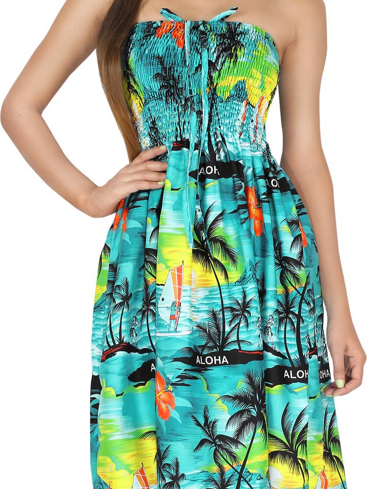LA LEELA Women Short Sundress L-XL Turquoise-AB346 for wholesale by LA LEELA \ HAPPY BAY