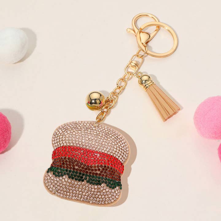 Sensibling Corp. - Wholesale Keychain - Women's - Bling Studded Hamburger Tassel Keychain / Bag Charm