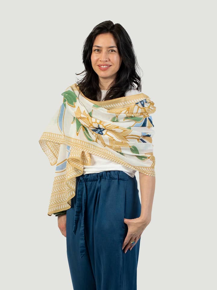 Insect-Repellent Scarf — Dahlia with Tan Border for wholesale by Shoo for Good