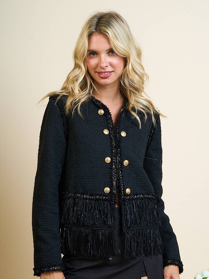 LONG SLEEVE BUTTON DETAIL TWEED JACKET WITH FRINGE for wholesale by Hesperus