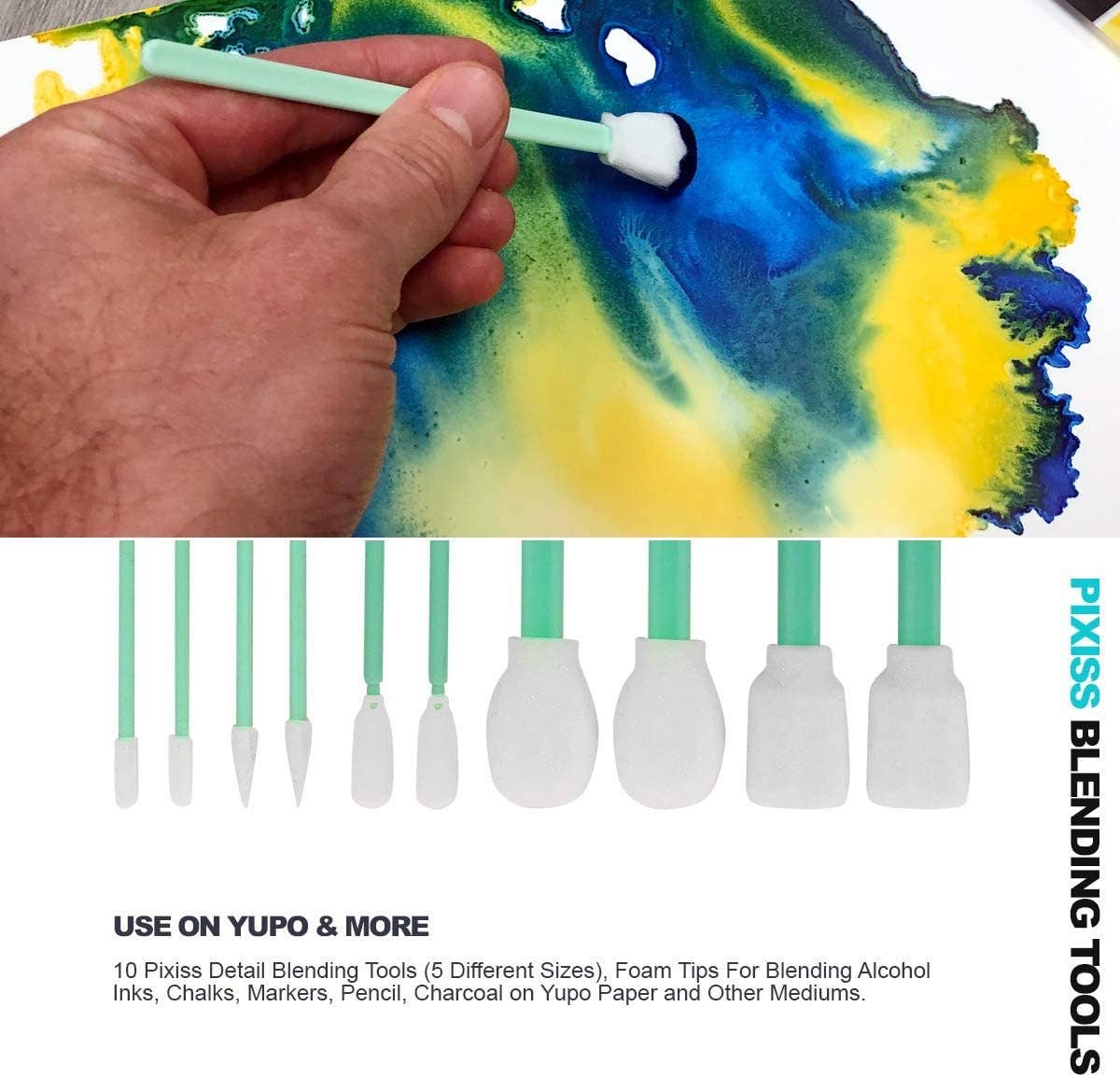 Pixiss - Wholesale Craft Tool - 10 Pixiss Detail Alcohol Ink Blending Tools (5 Different Sizes), Foam Tips for Blending Inks, Chalks, Markers, Pencil, Charcoal on Yupo Paper and Other Mediums3
