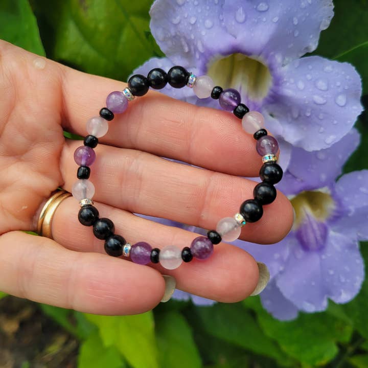 Karelia Creations - Venta al por mayor Pulsera de cuentas - Niños - Pulsera de protección para niños | Cuarzo rosa amatista de shungita