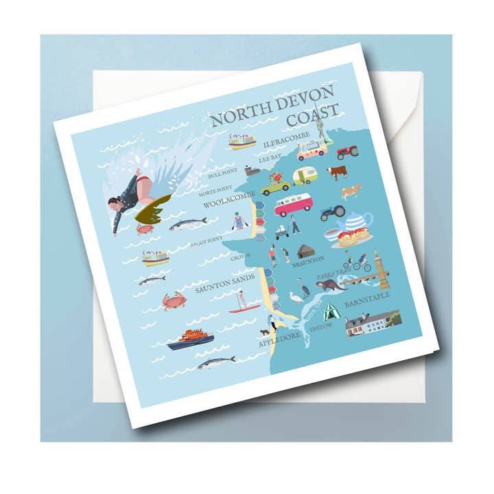 Tarjeta de felicitación con mapa de la costa de North Devon para venta al por mayor de BETTY BOYNS MAPS
