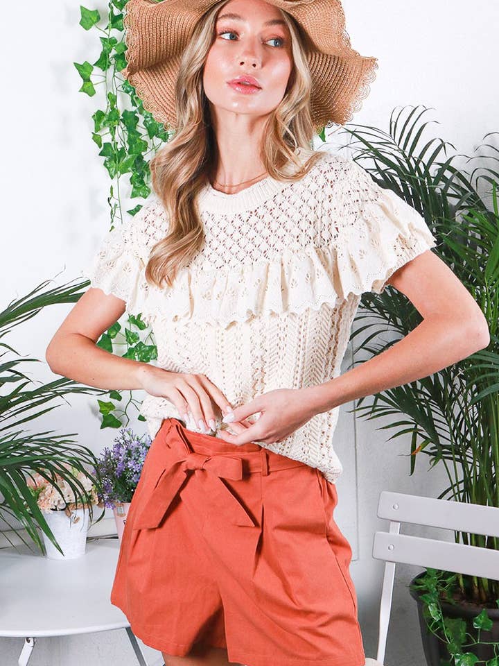 Maglia Top in Pizzo con Occhielli Arricciati 100% Cotone Uncinetto VT81773 per la vendita all'ingrosso da parte di Vine & Love