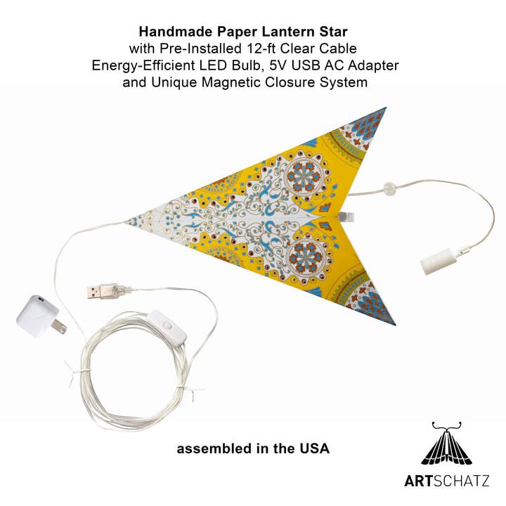 Artschatz LLC - Venta al por mayor Lámpara/farol de papel - Provence ~ 5 puntero, 61 cm, papel amarillo, luz de estrella