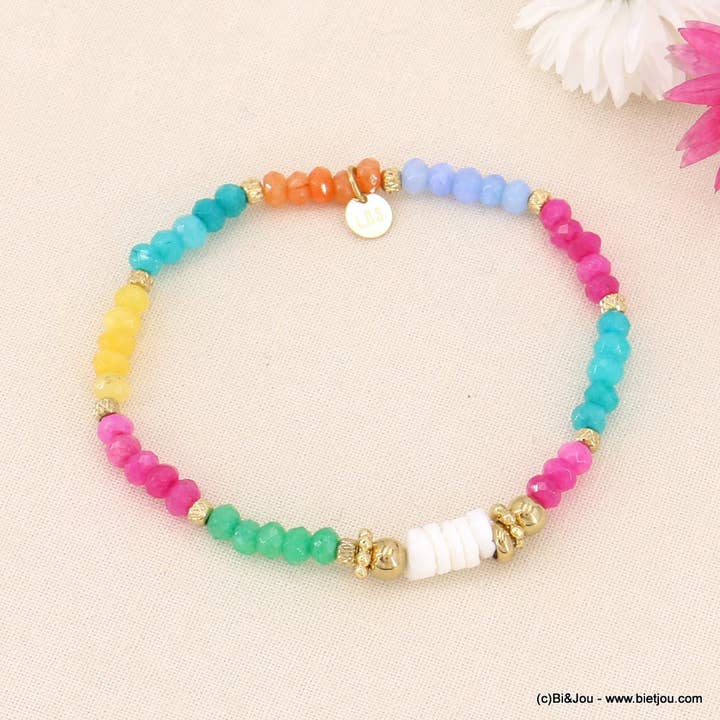 Elastic bracelet with pearls, mother-of-pearl, stainless steel 0223071 for wholesale by Lilas de Seine