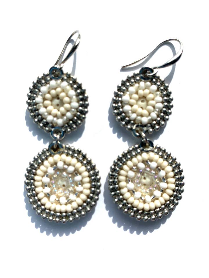 Seed bead 2 Circle Earring in White hand beaded for wholesale by Erik & Mike