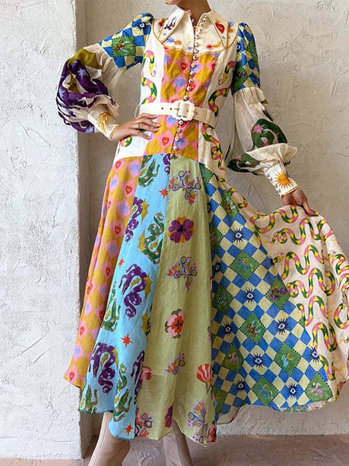 LANTERN SLEEVE PRINTED LAPEL LONG-SLEEVED DRESS and other Purchase Wholesale patchwork dress. Free Returns & Net 60 Terms on Faire trending on Faire.