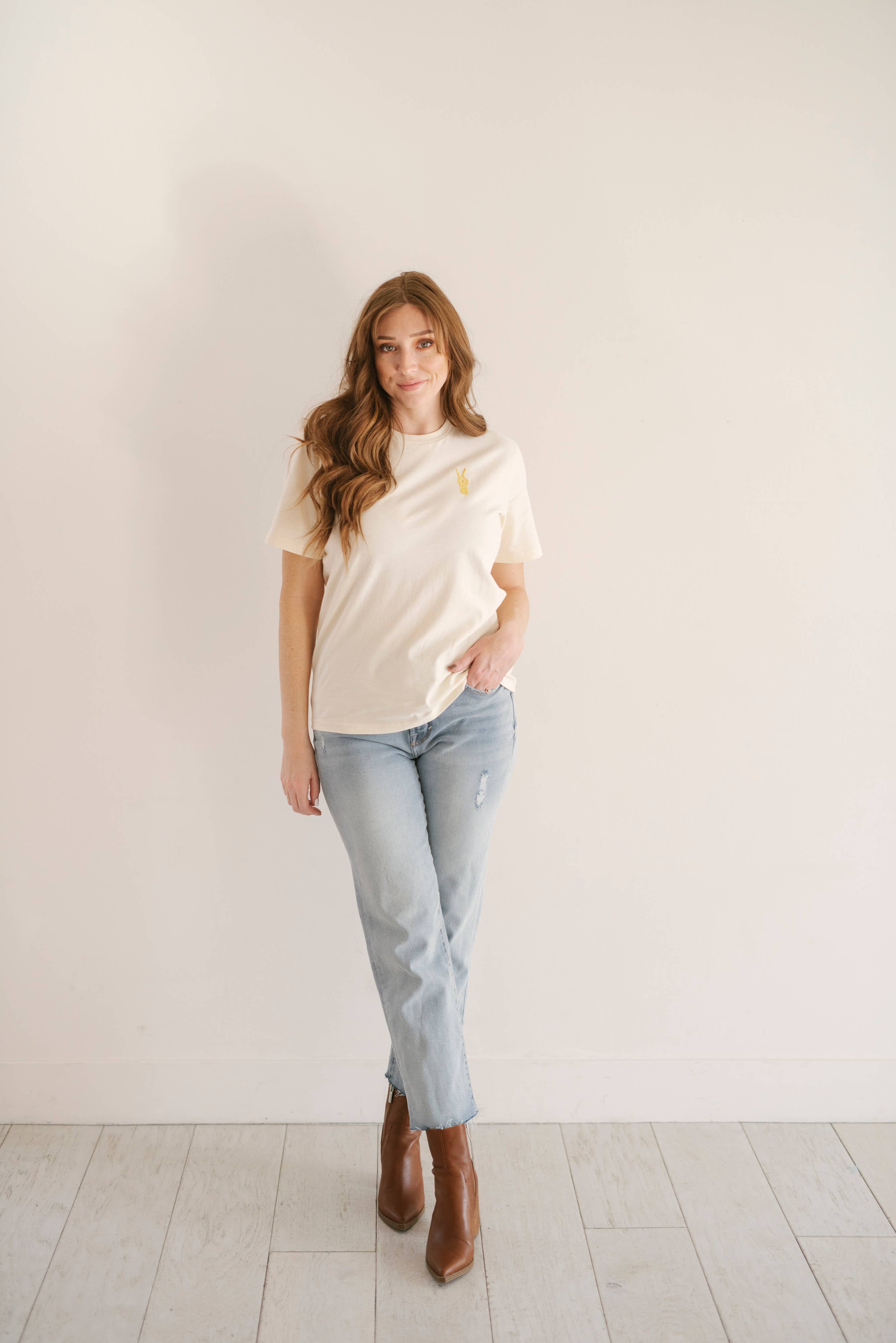 Oak Bluff Peace Hand Embroidered T-Shirt, Womens Shirt, Chainstitch for wholesale on Faire2