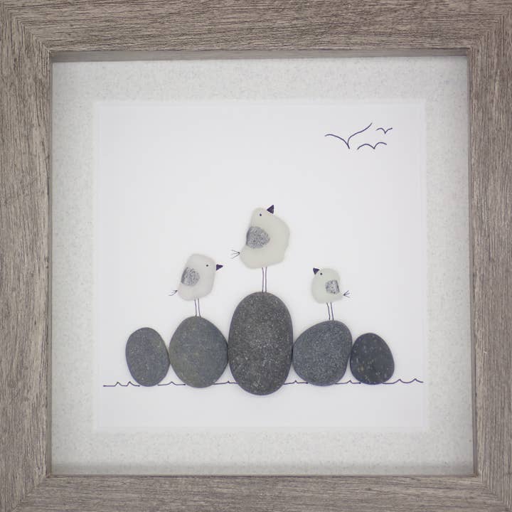 Driftsea Creations - Wholesale Art Print - Three Sea Glass Seagulls on Rocks Picture 5x53