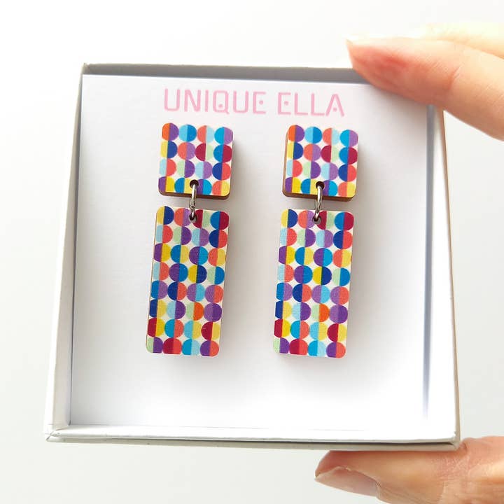 Colourful Retro Circle Pattern Wooden Statement Earrings for wholesale by Unique Ella