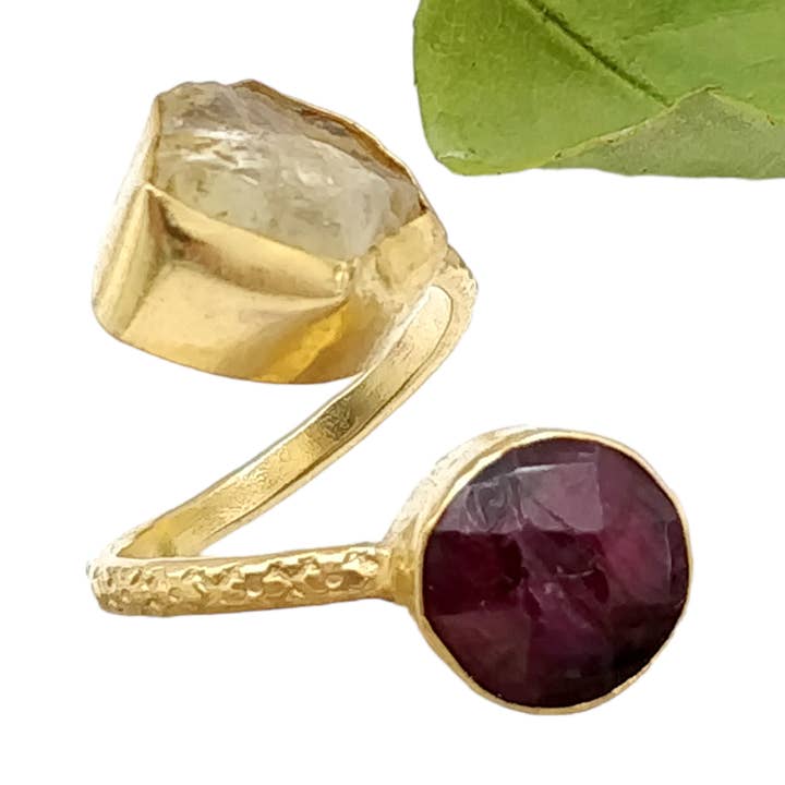 Ruby & Rough Citrine Handmade Adjustable Gold Ring for wholesale by ZEYZEY