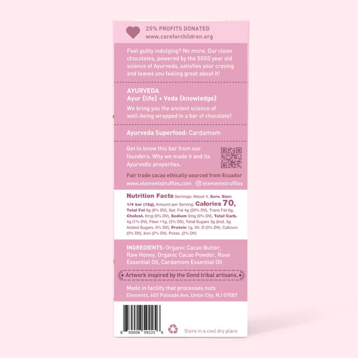Elements Truffles - Wholesale Chocolate Bar - Rose Cardamom 70% Dark Chocolate