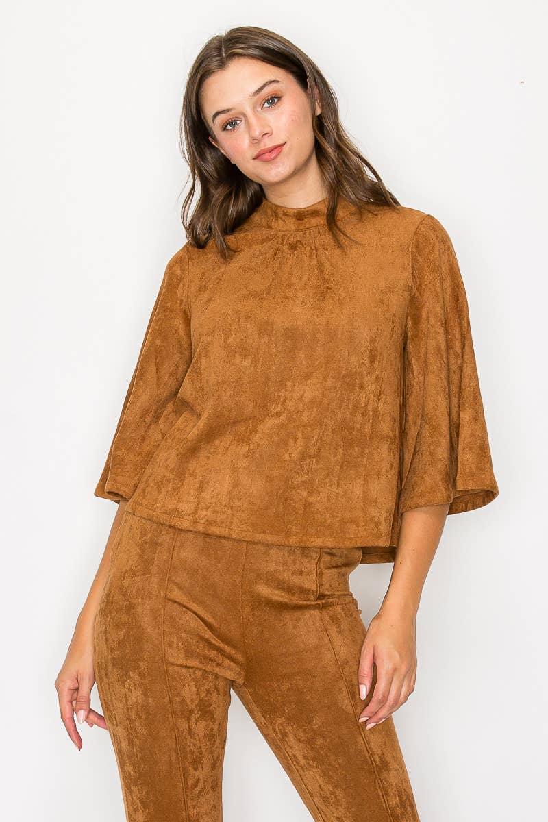 LoveWednesday - Wholesale Blouse - Women's - Bell sleeve camel suede top  - LWT1802 24