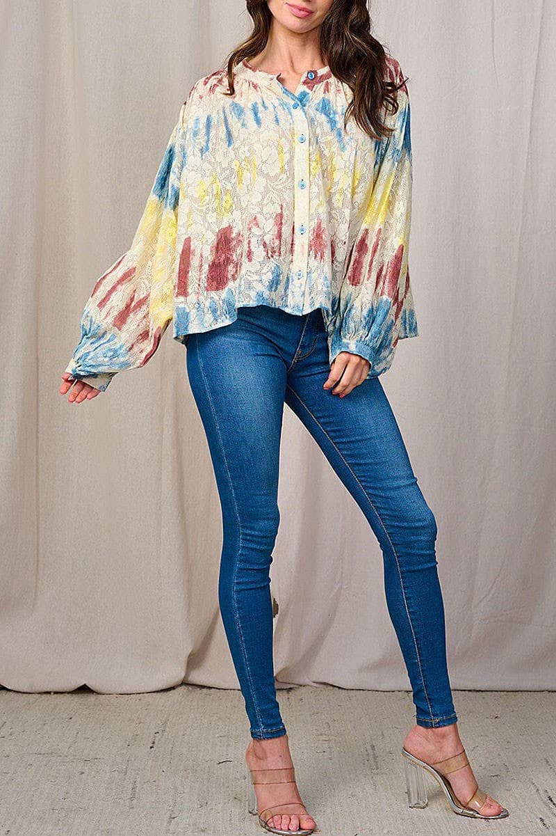 ROUSSEAU – Camisa com botões no colarinho – Mulher por atacado – BLOUSA TIE DYE FLORAL COM BOTÕES E MANGA COMPRIDA5