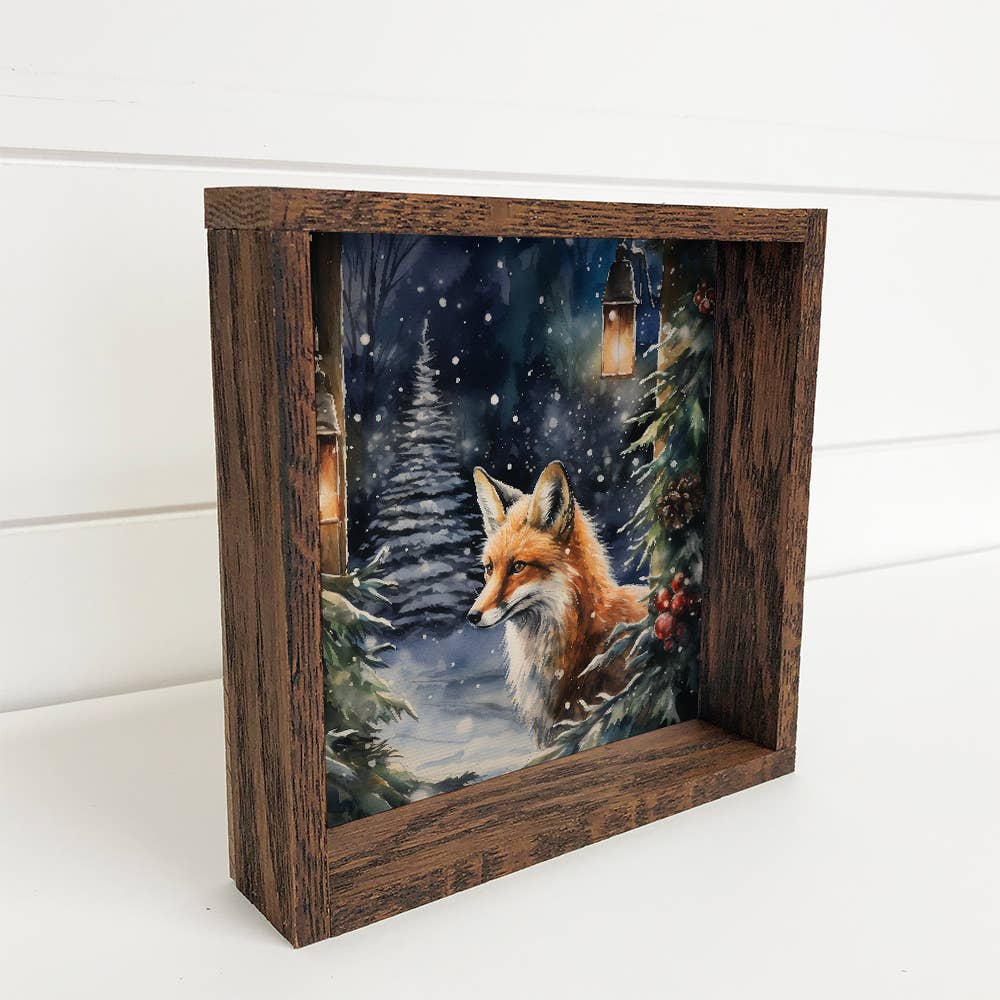 Hangout Home - Wholesale Wall Sign - Winter Watercolor Fox in Pines - Fox Canvas Art - Wood Frame1