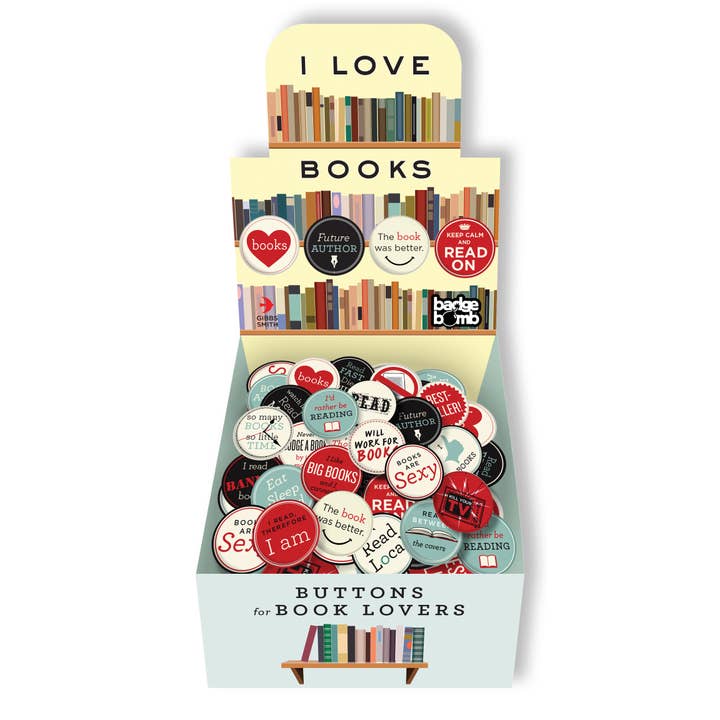 Gibbs Smith - Wholesale Lapel Pin/Button - I Love Books Button Box - counter display