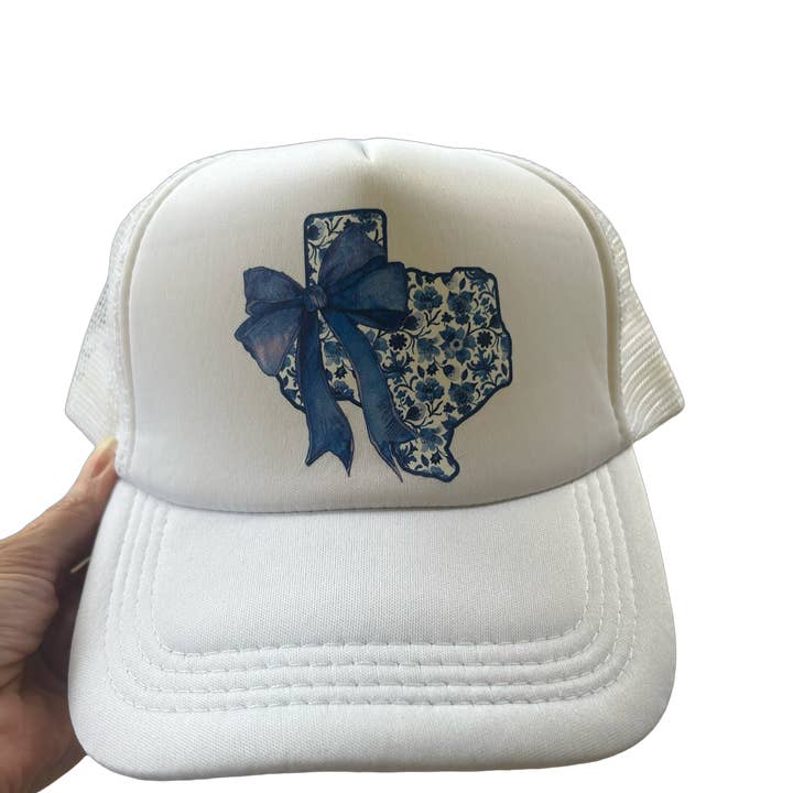 Foam Trucker Hat - Blue Floral Texas with Bow for wholesale by The Spotted Zebras