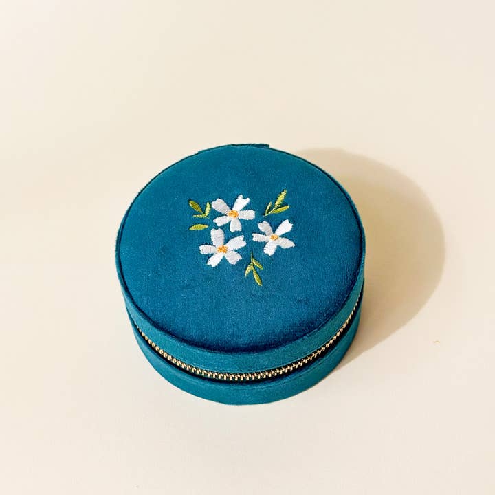 The Darling Effect - Wholesale Jewelry Box/Organizer - Round Velvet Jewelry Case-Floral Teal