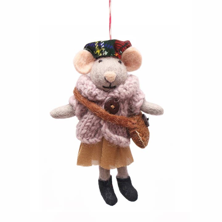 Grey Mouse with Tartan Hat Hanging Decoration for wholesale by Fiona Walker England