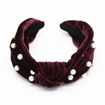 Banda de cabelo/ Tiara de cor de vinho/ carmesim com pérolas e nó por atacado de Fleur de lys collections