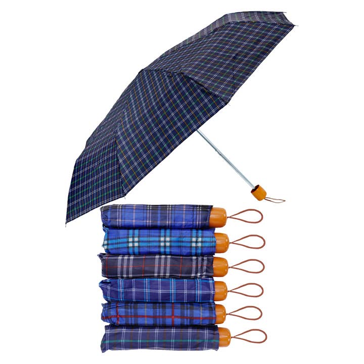 Cap Zone - Wholesale Umbrella - Unisex - Blue Plaid Manual 8-Panel 3-Fold Compact Umbrella