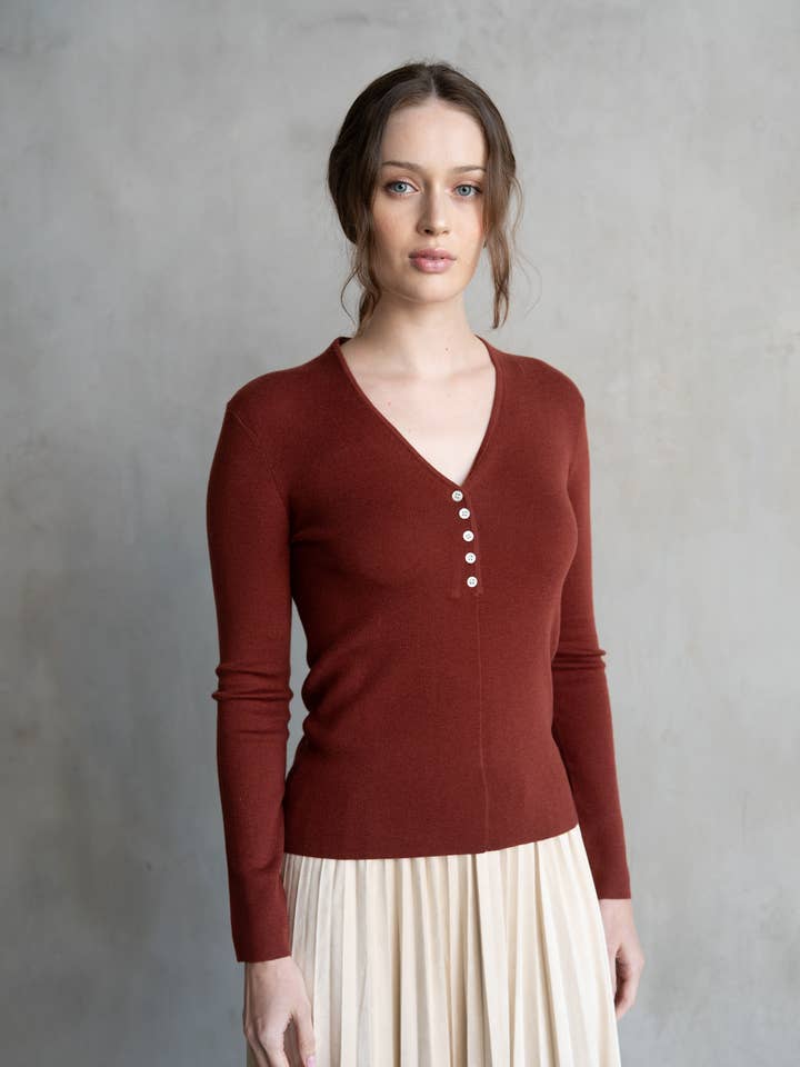 V NECK BUTTON CLOSURE KNIT TOP for wholesale by ELLE GREY