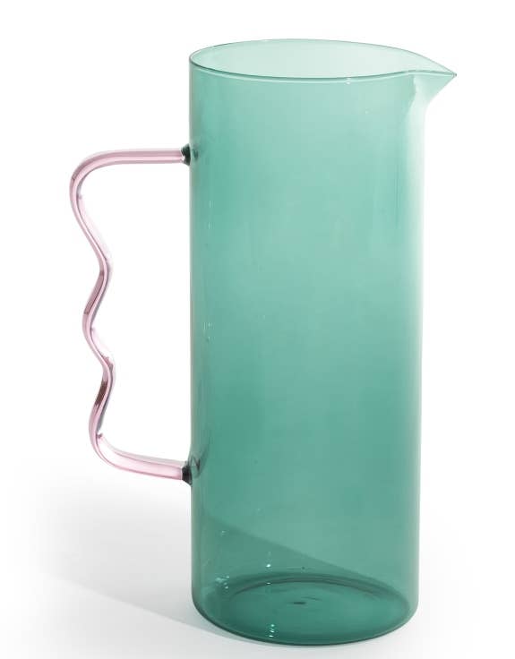 McGowan & Rutherford Ltd - Wholesale Jug - Large Green Glass Jug with Wave Pink Handle0